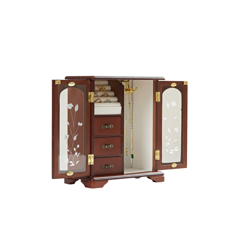 Stufurhome Solid Wooden Jewelry Box with 3-Drawers Built-in Necklace Carousel and Mirror brown