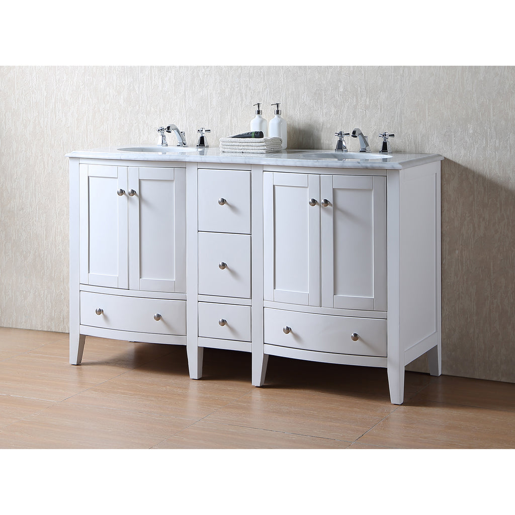 Stufurhome 60 inch Locke White Double Sink Vanity with Carrara Marble Top