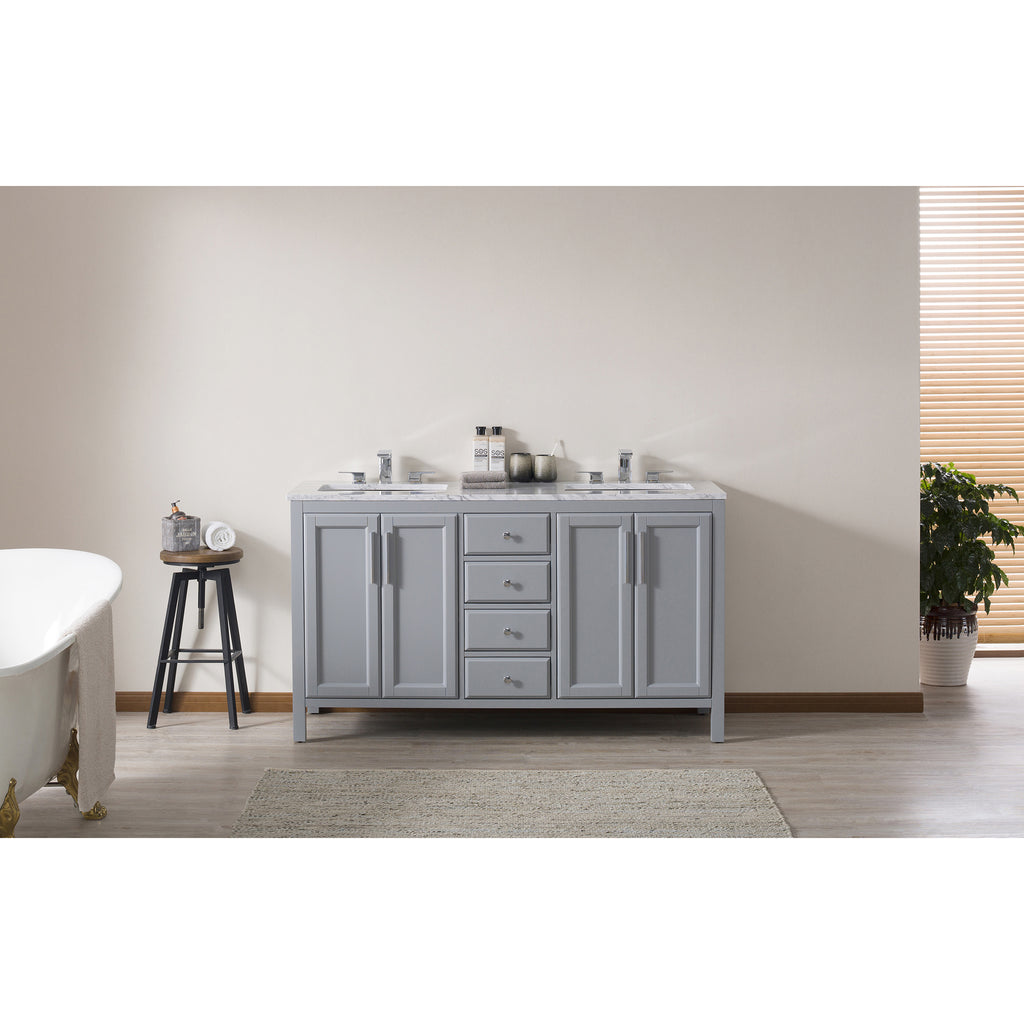 Stufurhome Wright 59 Inch Grey Double Sink Bathroom Vanity with Drains and Faucets in Chrome
