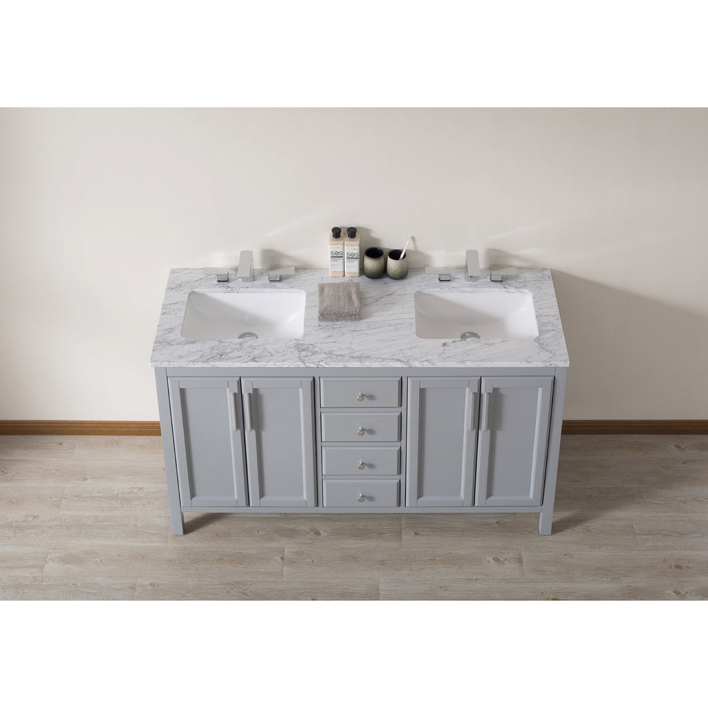 Stufurhome Wright 59 Inch Grey Double Sink Bathroom Vanity with Drains and Faucets in Chrome