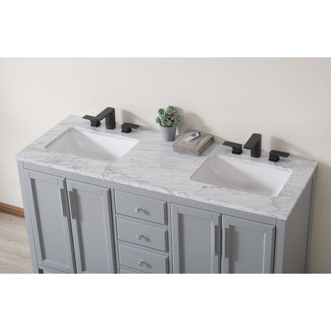 Stufurhome Wright 59 Inch Grey Double Sink Bathroom Vanity with Drains and Faucets in Matte Black