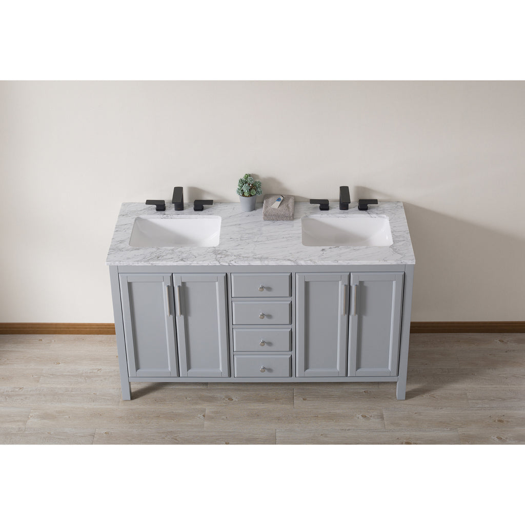 Stufurhome Wright 59 Inch Grey Double Sink Bathroom Vanity with Drains and Faucets in Matte Black