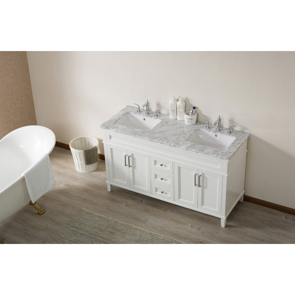 Stufurhome Melody 59 Inch White Double Sink Bathroom Vanity with Drains and Faucets in Chrome