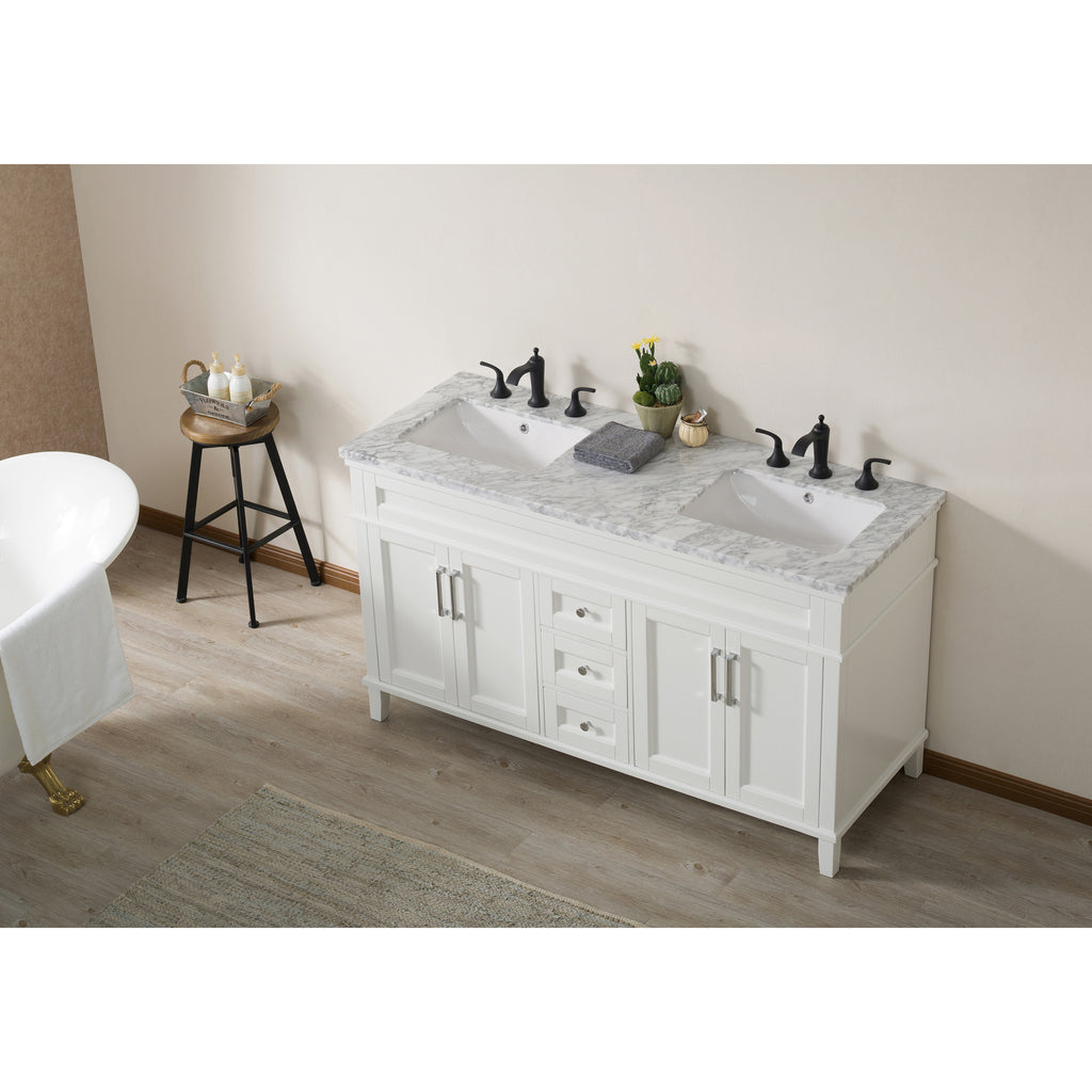 Stufurhome Melody 59 Inch White Double Sink Bathroom Vanity with Drains and Faucets in Matte Black
