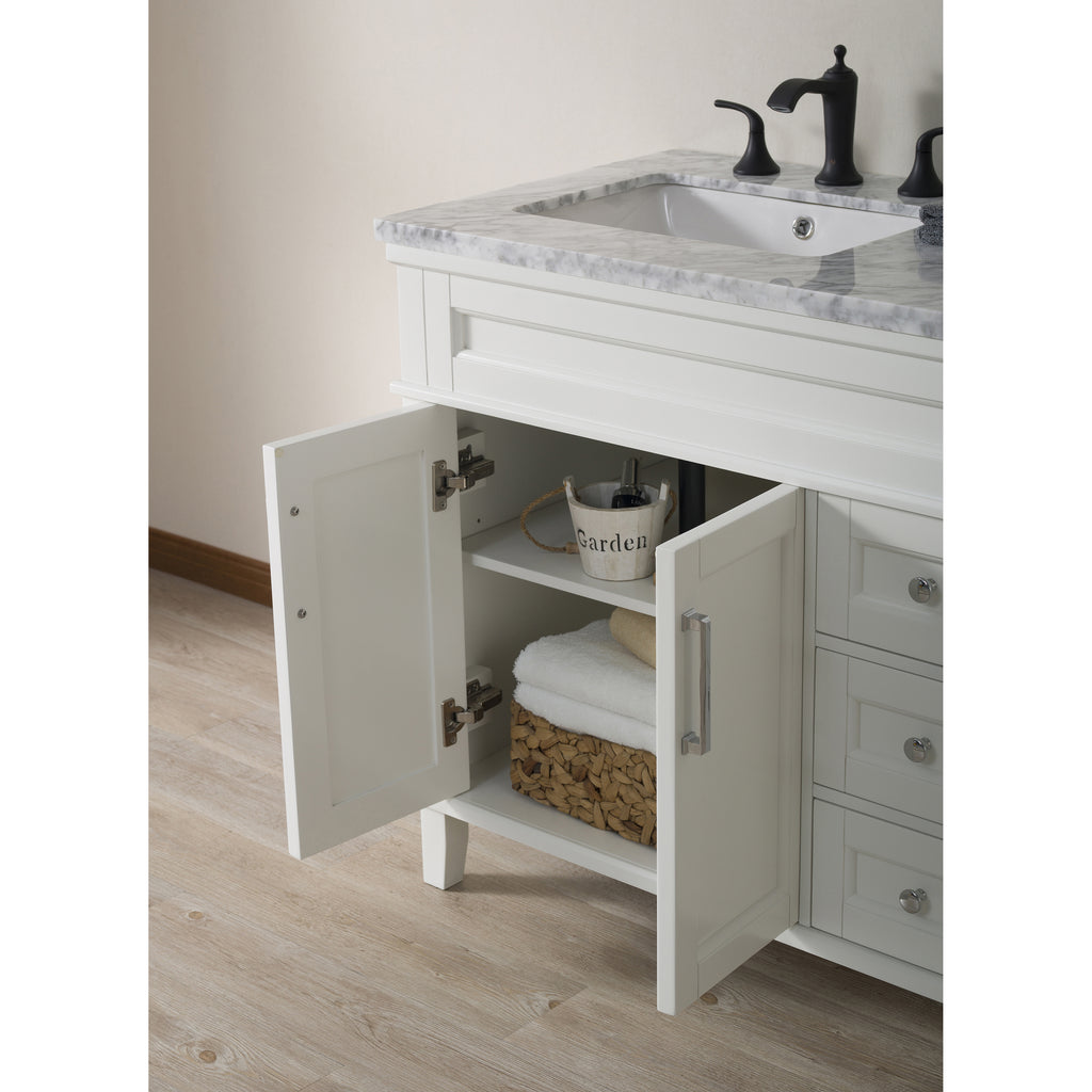 Stufurhome Melody 59 Inch White Double Sink Bathroom Vanity with Drains and Faucets in Matte Black