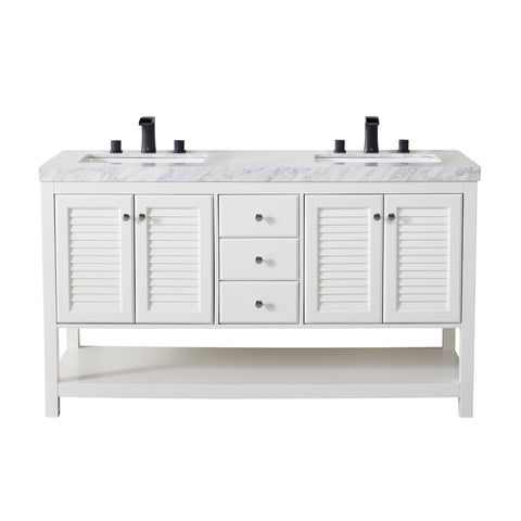 Stufurhome Luthor 60 Inch White Double Sink Bathroom Vanity with Drains and Faucets in Matte Black