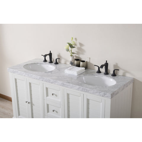 Stufurhome Kent 60 Inch White Double Sink Bathroom Vanity with Drains and Faucets in Matte Black