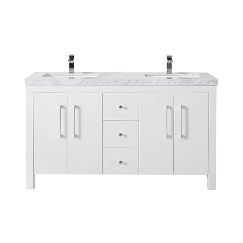 Stufurhome Adler 60 Inch White Double Sink Bathroom Vanity with Drains and Faucets in Chrome