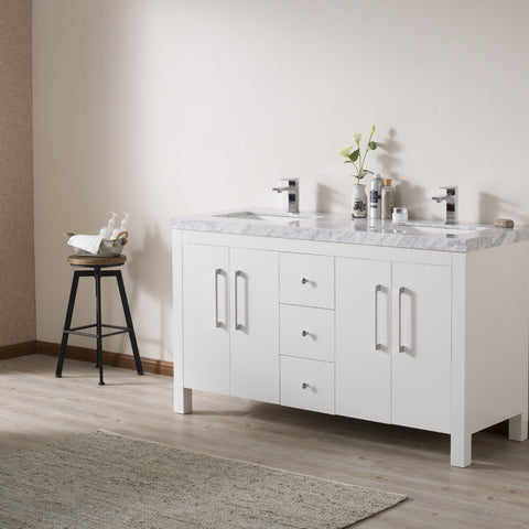Stufurhome Adler 60 Inch White Double Sink Bathroom Vanity with Drains and Faucets in Chrome