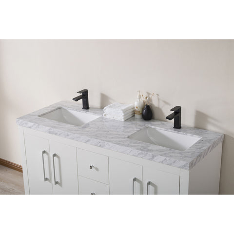 Stufurhome Adler 60 Inch White Double Sink Bathroom Vanity with Drains and Faucets in Matte Black
