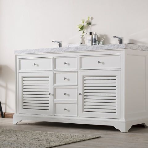 Stufurhome Magnolia 60 Inch White Double Sink Bathroom Vanity with Drains and Faucets in Chrome