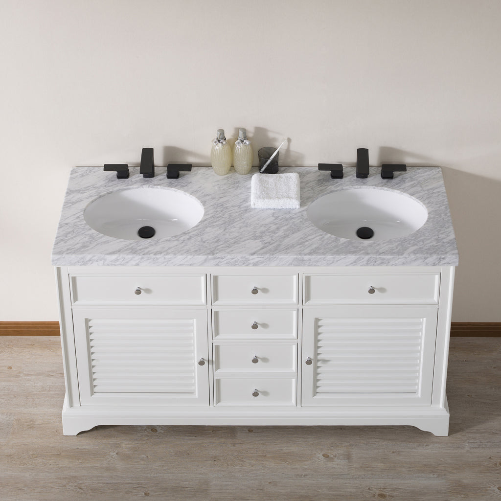 Stufurhome Magnolia 60 Inch White Double Sink Bathroom Vanity with Drains and Faucets in Matte Black