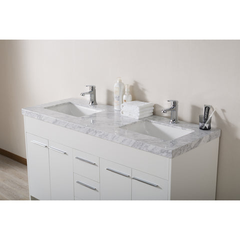Stufurhome Lotus 60 Inch White Double Sink Bathroom Vanity with Drains and Faucets in Chrome