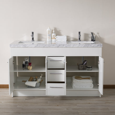 Stufurhome Lotus 60 Inch White Double Sink Bathroom Vanity with Drains and Faucets in Chrome