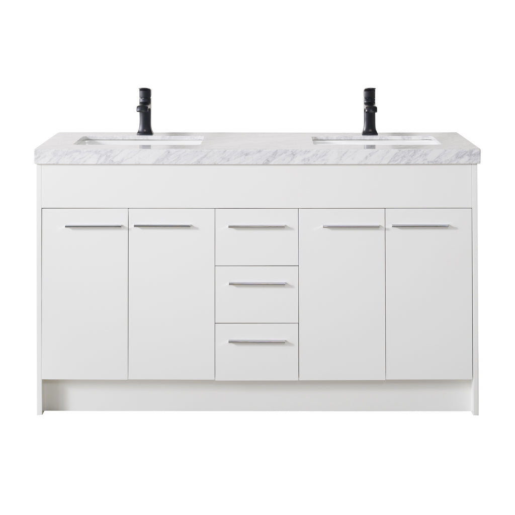 Stufurhome Lotus 60 Inch White Double Sink Bathroom Vanity with Drains and Faucets in Matte Black
