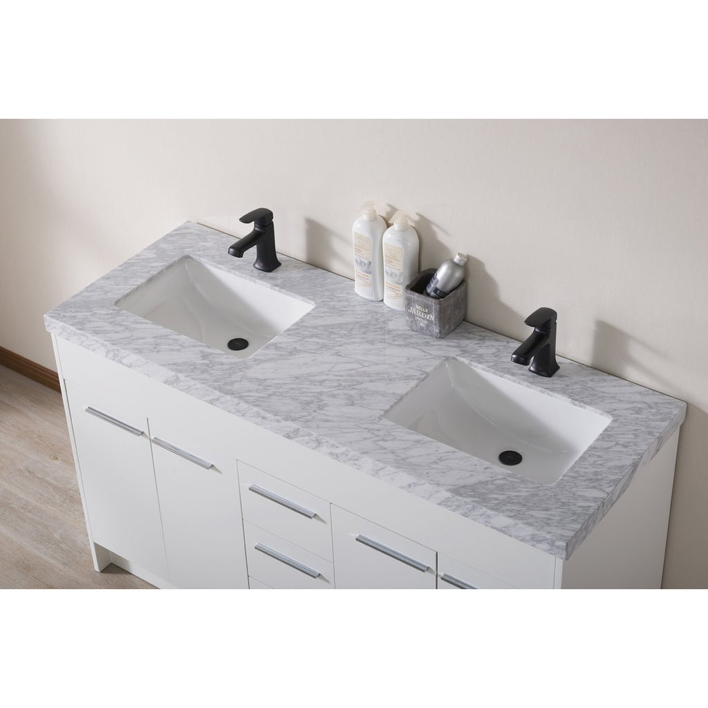 Stufurhome Lotus 60 Inch White Double Sink Bathroom Vanity with Drains and Faucets in Matte Black