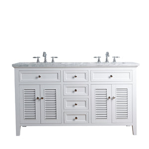 Stufurhome Genevieve 60 Inches White Double Vanity Cabinet w/ Shutter Double Doors Dual Bathroom Sinks
